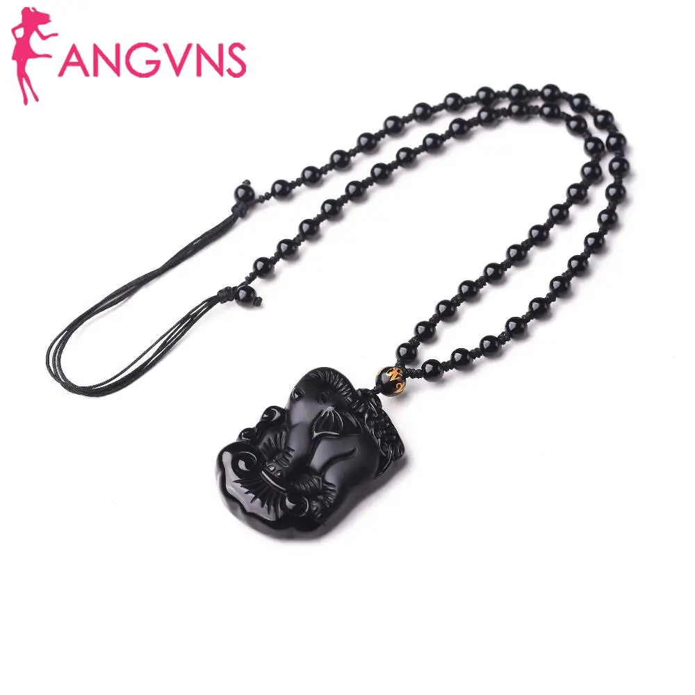 ANGVNS Necklace Elephant Natural Fashion Cute Lucky Jewelry Amulet Pendant Mother Obsidian Chinese Carved Black Handwork Fashion Jewelry