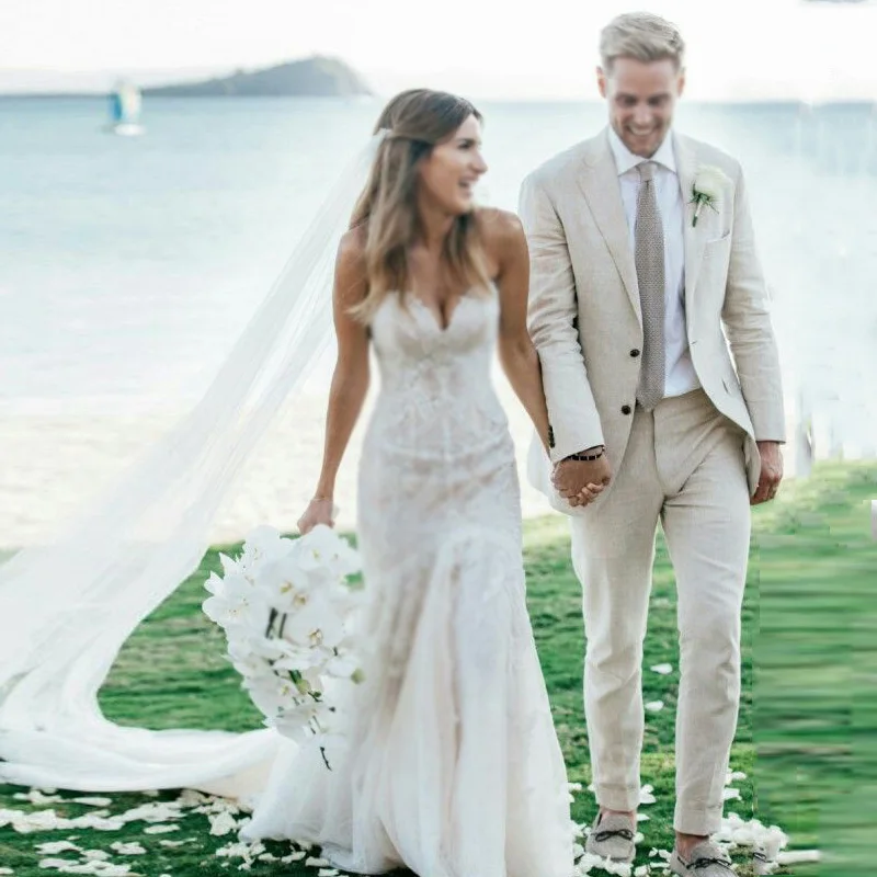 

Summer Ivory Linen Beach Wedding Suits Groom Wedding Tuxedos Best Man Blazers Jacket Slim Fit Terno Masculino 2 Piece Coat Pants