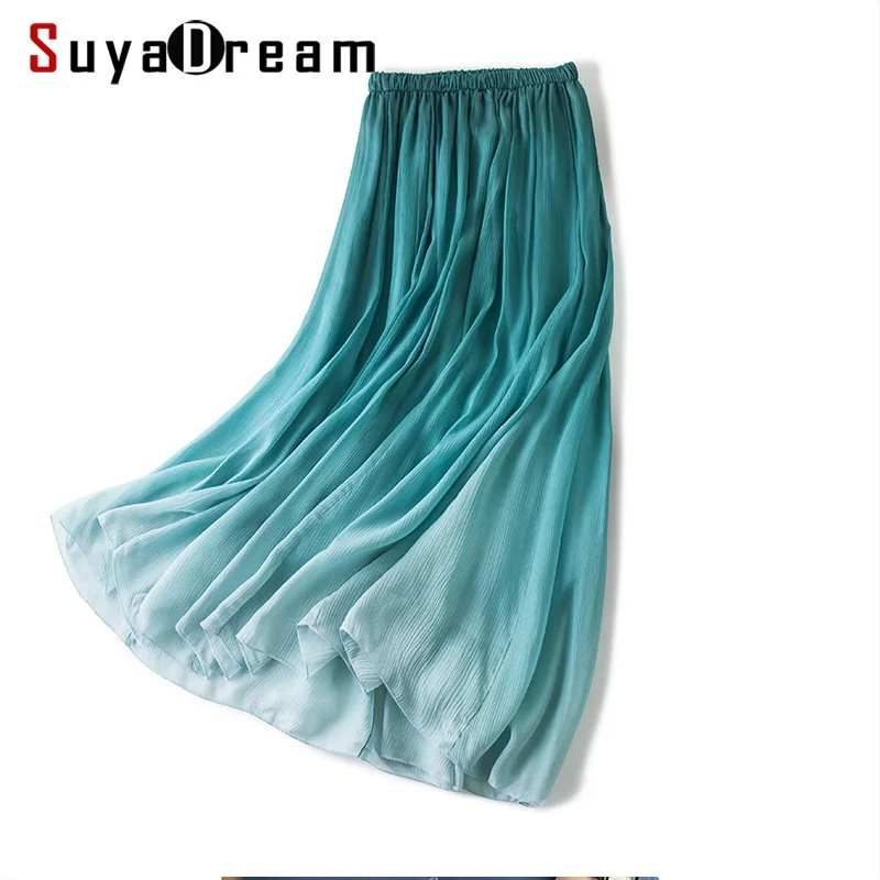 

Women Silk Skirt 100%Real Silk Gradient Color Skirts Mid-Calf Length 2019 Spring Summer New Casual Skirt