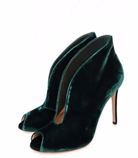 

New fashion sexy open toe ankle boots green velvet thin heels boots 2016 woman high heel boots peep toe cut-outs boots
