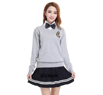 

Preppy Style Student Class Uniform Japan JK High School Uniform Winter Gray V-Neck Sweater Black Skirt White Shirt Suit