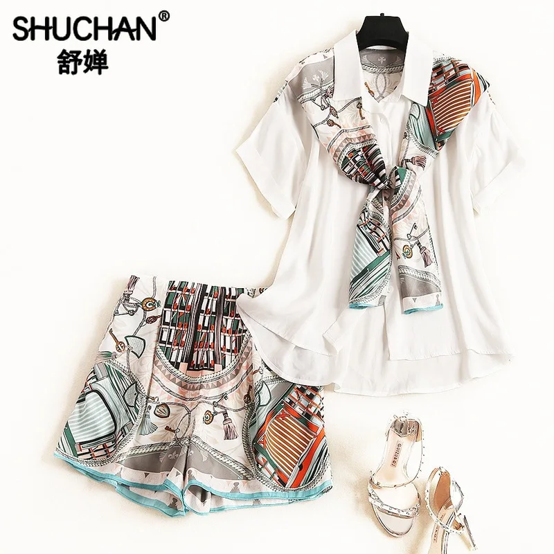 

Shuchan Print Fashion Two Piece Shorts Set Women 2019 Designer 2 Pieces Set Summer Suit Female Clothes for Women Costume 51470