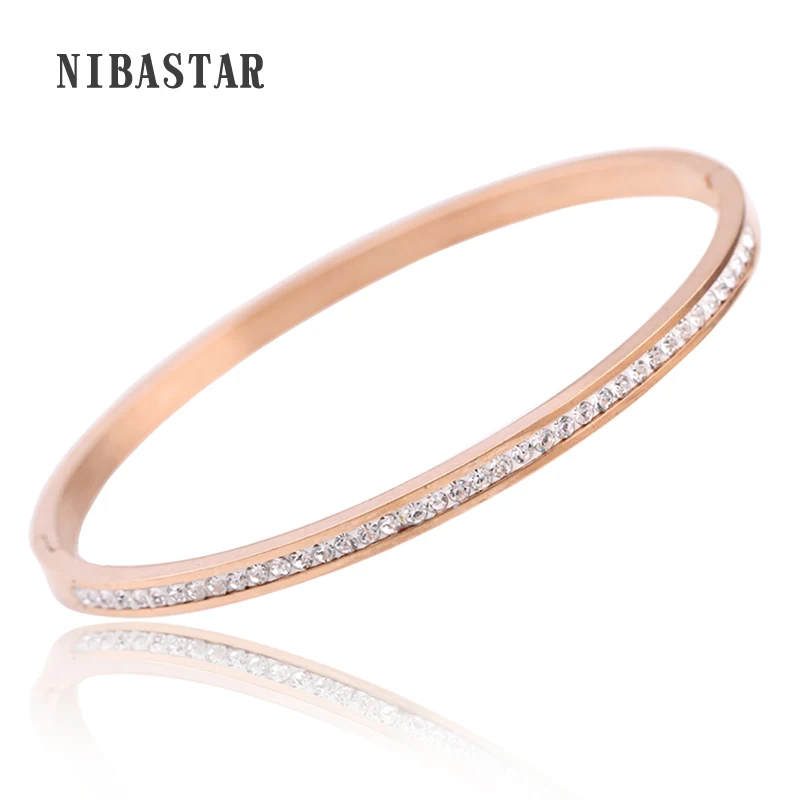 

Simple Plain Design Wire Bangle Stainless Steel Pave One Row Clear Crystal With Silver/Gold/Rose Gold Wire Bangle