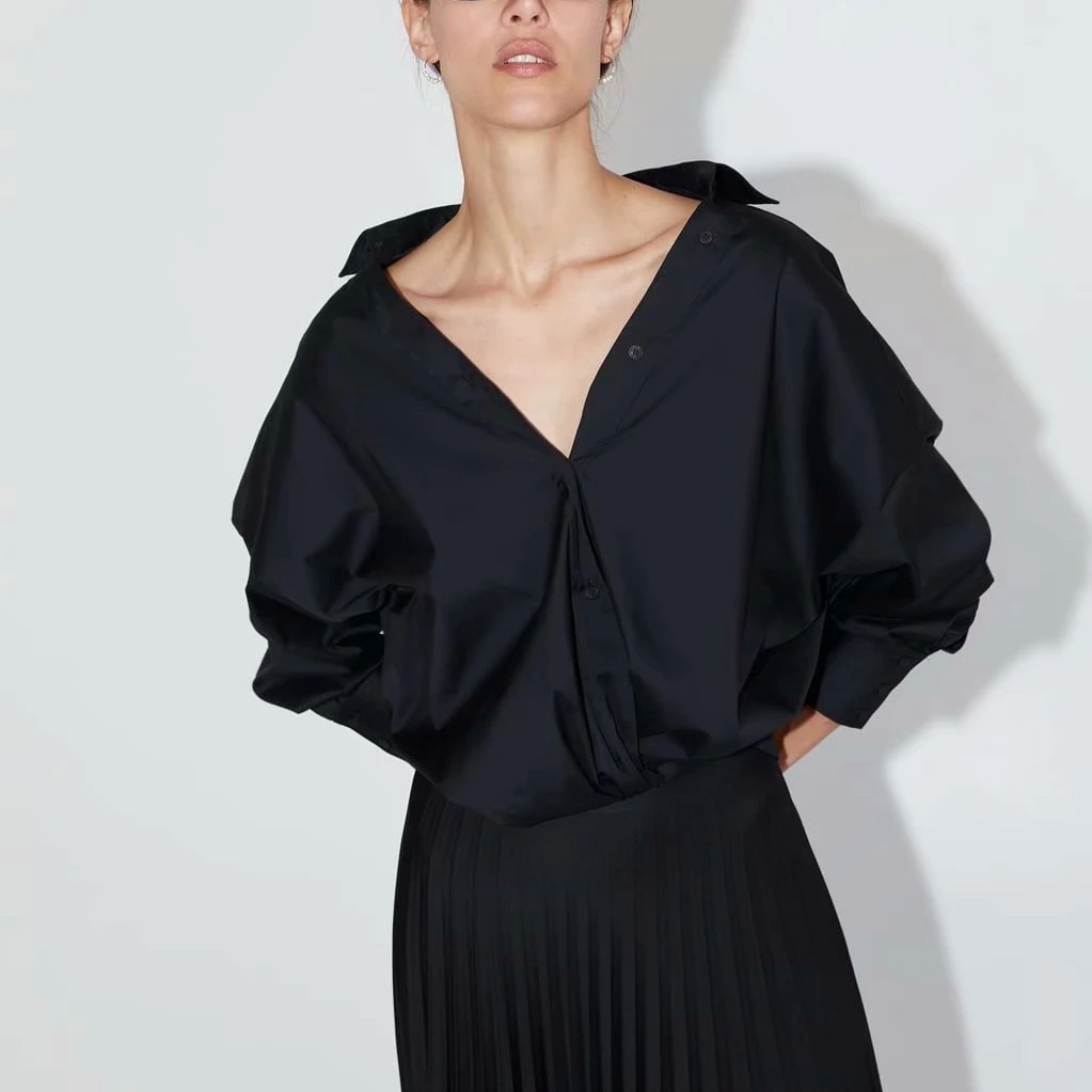 Online 2019 otoño nuevas mujeres blusas negro manga larga popelina cuello en V sólido manga de murciélago Casual nudo decoración mujeres Tops