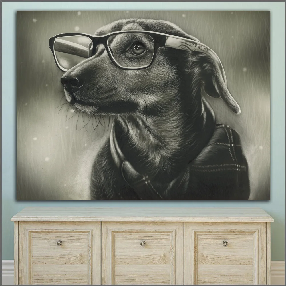 Printing Dogs Painting Art Black and white Glasses Art Picture Home