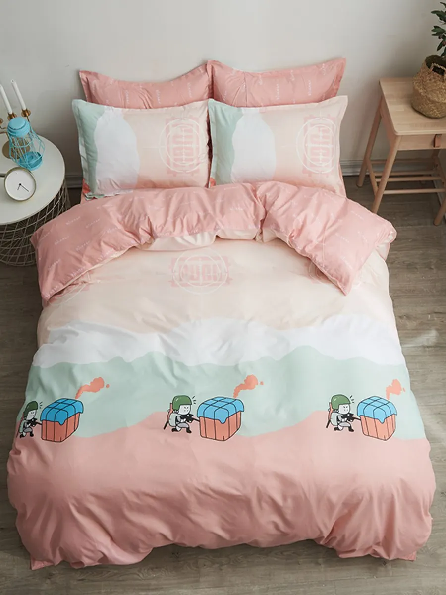 

4 Pcs Bed Cover Set Cartoon Pattern Comfy Sheet Set