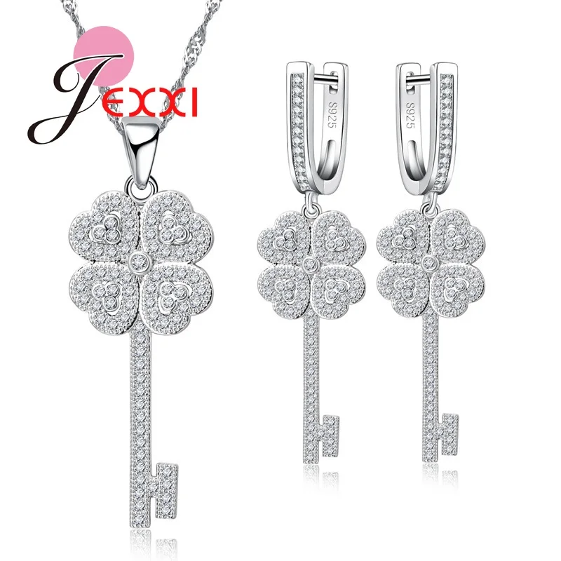 

Jemmin 2019 Factory Price Top Quality Silver Key Jewelry Sets Pendant Necklace Earring Crystal Wedding Jewelry