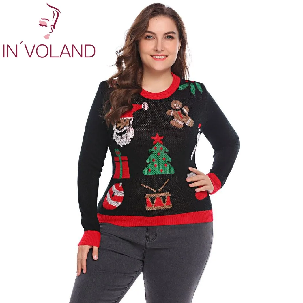 

IN'VOLAND Plus Size Women Knit Sweater Tops XL-5XL 2018 Spring Autumn Christmas Santa Pattern Large Pullover Jumper Oversized