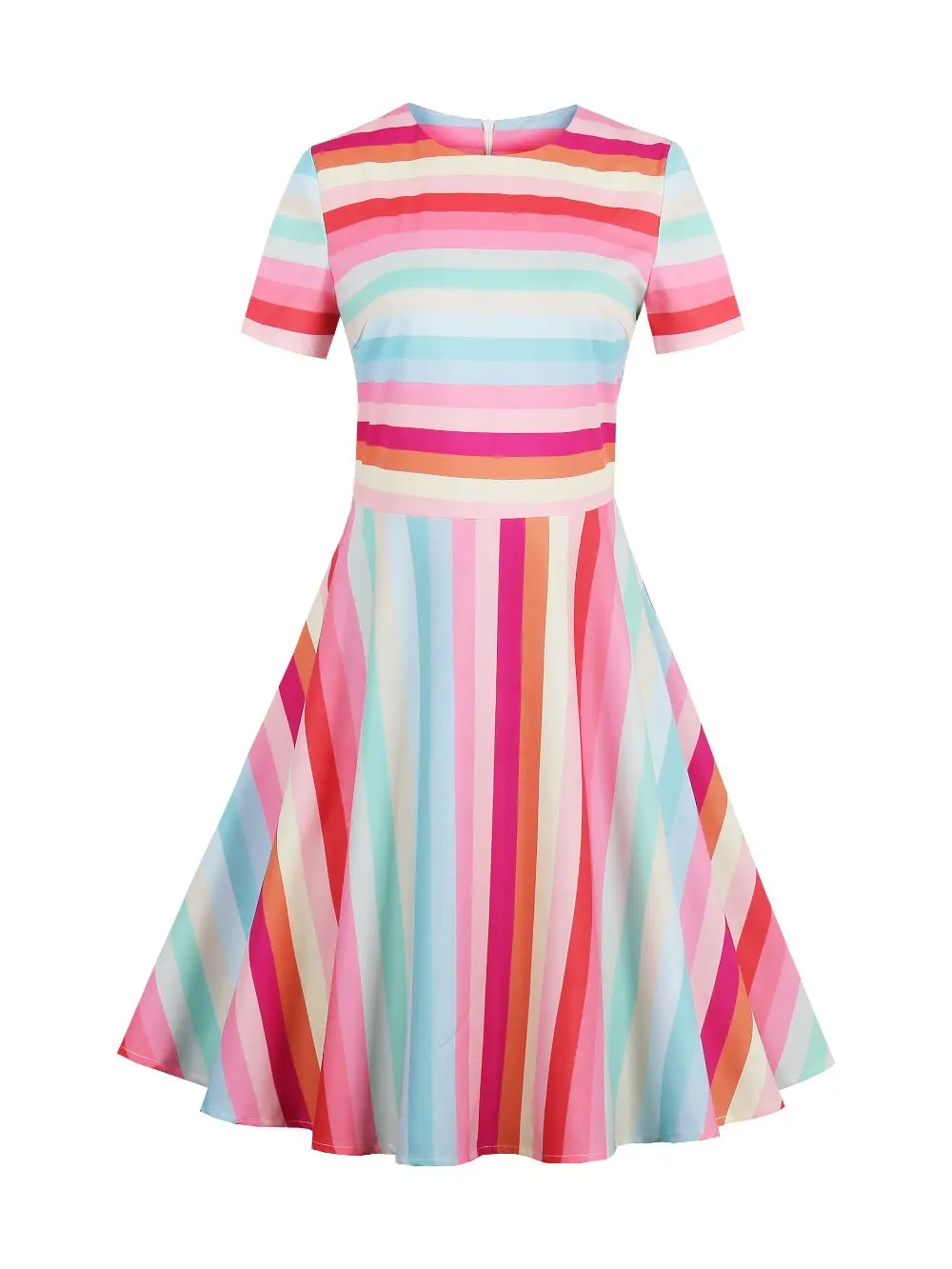 2019 Women Summer Rainbow Dress Female Spring Multi-Color Short Sleeve Dresses Knee-Length O Neck Girls | Женская одежда
