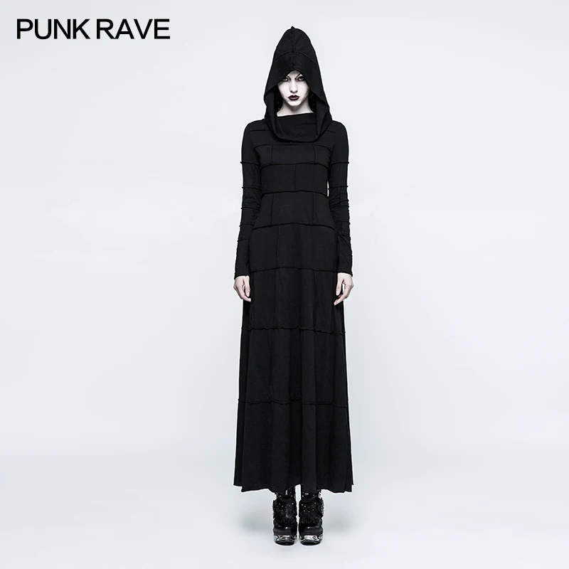 

PUNK RAVE Women Gothic Lolita Cotton Long Dresses Fashion Black Retro WomenPunk Dress Halloween Cosplay Hoodie Witches Dresses