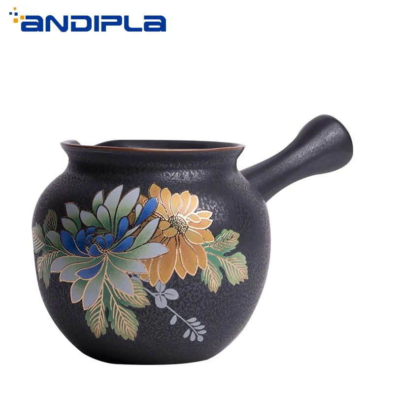 

150ml Japanese Side Handle Fair Mug Cup Hand-painted Peony Golden Lines Coarse Pottery Vintage Kung Fu Tea Set Cha Hai Tea Sea