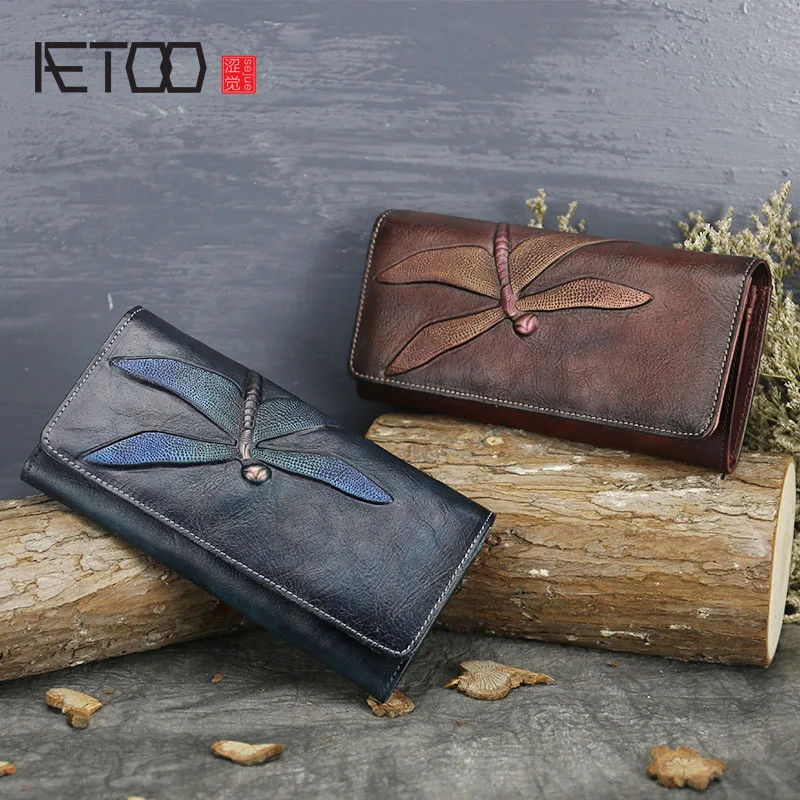 

AETOO New first layer of leather wallet female butterfly leather carved long wallet retro clutch leather lady wallet