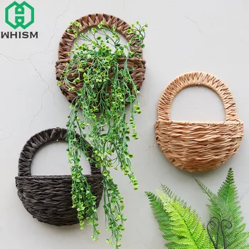 

WHISM Artificial Flowerpots Decorative Rattan Plant Flower Pots Wall Hanging Planter Wicker Flower Basket Home Garden Wall Decor