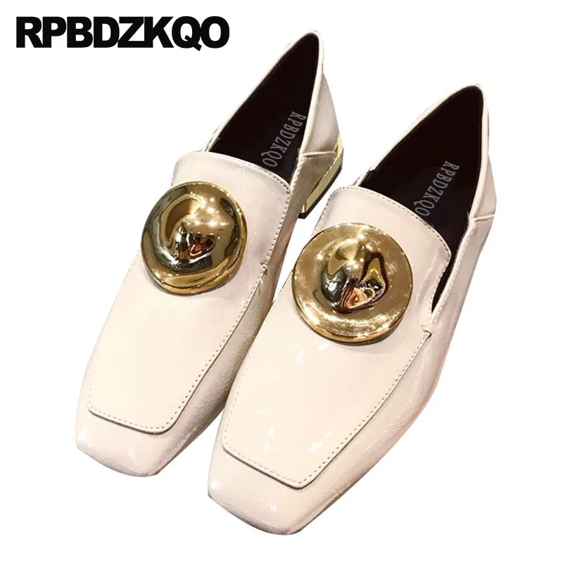 

patent leather slippers flats unique metal loafers white slip on square toe designer shoes women luxury 2019 british style mules