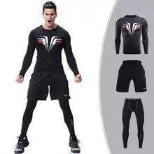 3 Pieces Men GYM Compress Fitness Sets Long Tee Top + Legging + Shorts Workout Exercise Sport Shirts Running Tights A106