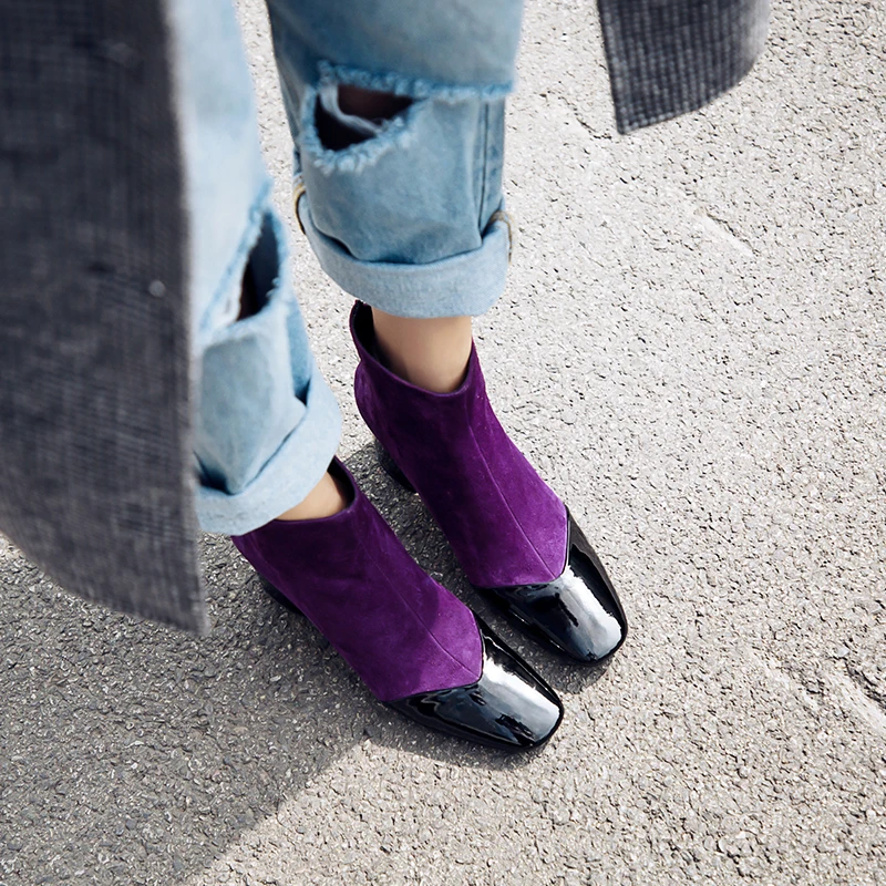 Prova Perfetto New Style Purple Women Ankle Boots Square Toe High Heel Boots Fashion Faux Suede Real Leather Woman Boots Size 40