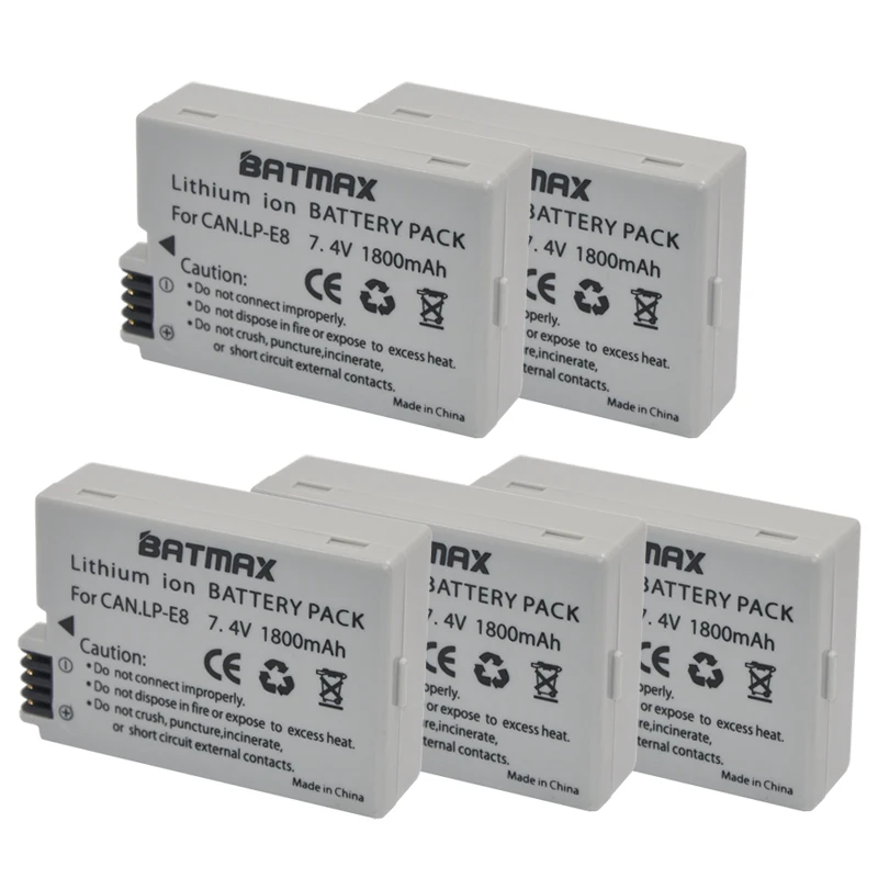 5 Pack 1800mAh LP E8 LP E8 LPE8 Camera Battery Pack for Canon EOS 550D
