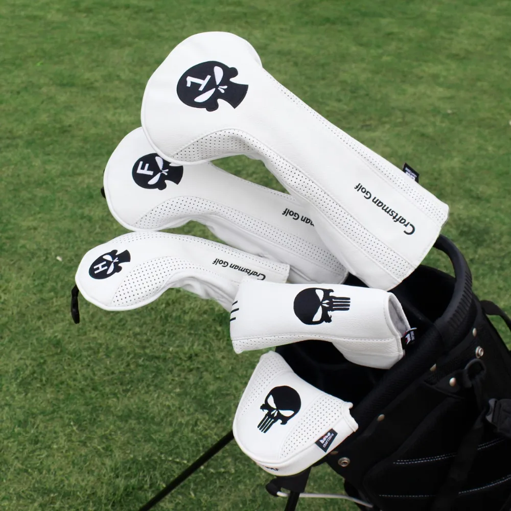 

Craftsman Golf Wood Headcover Driver Fairway Hybrid UT Utility Rescue Set Blade Mallet Putter Cover Skull White PU Leather