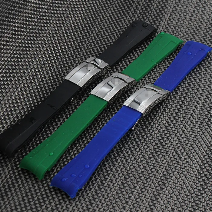 20mm New Men Lady Black Strap for Clock Silicone Rubber Watch Band Belt Curved End Deployment