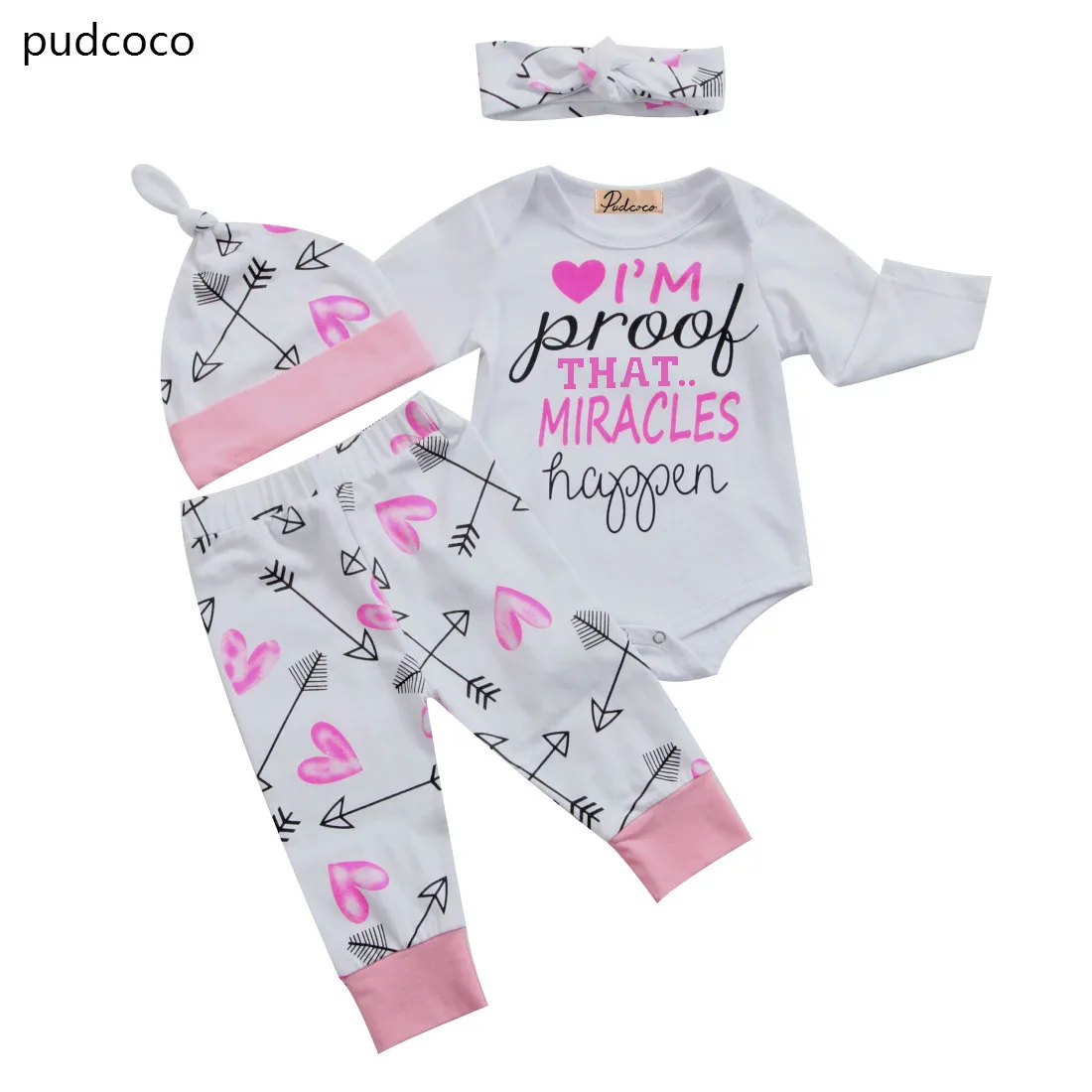 Toddler Newborn Baby Girl Rompers+Print Long Pants+Hats+Headband 4pcs Outfits Clothes Set Autumn Cotton Kids Clothing Sets | Детская