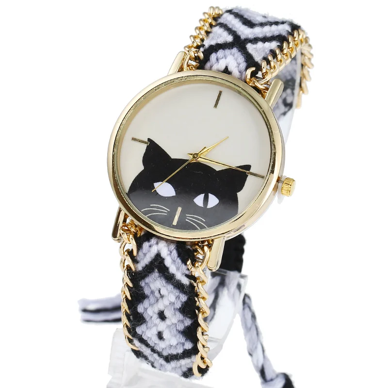 

Gnova Platinum Black Cat Face Women Vintage Braided Indian Style Ethnic Hippie Lace Golden Chain Quartz Wristwatch B034