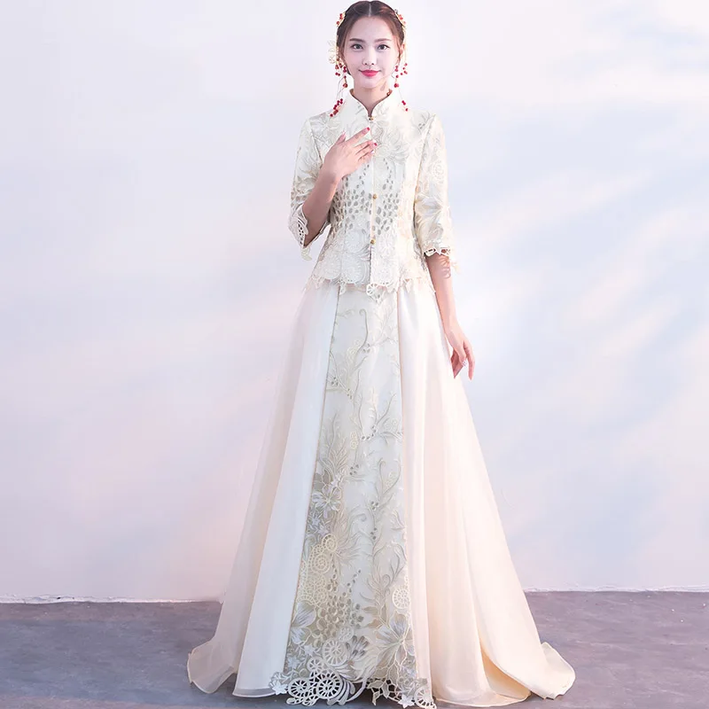 Восточное женское свадебное платье с цветочной вышивкой, костюм в винтажном стиле Cheongsam, изысканная китайская женская одежда, вечерние платья