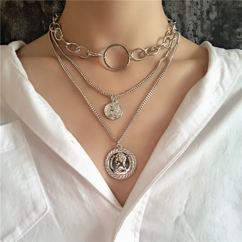 

Dropship 2019 New Personality Creative Simple Round Multi Layer Beautiful Necklace Tide Brand Hiphop Couple Holiday Party Gifts