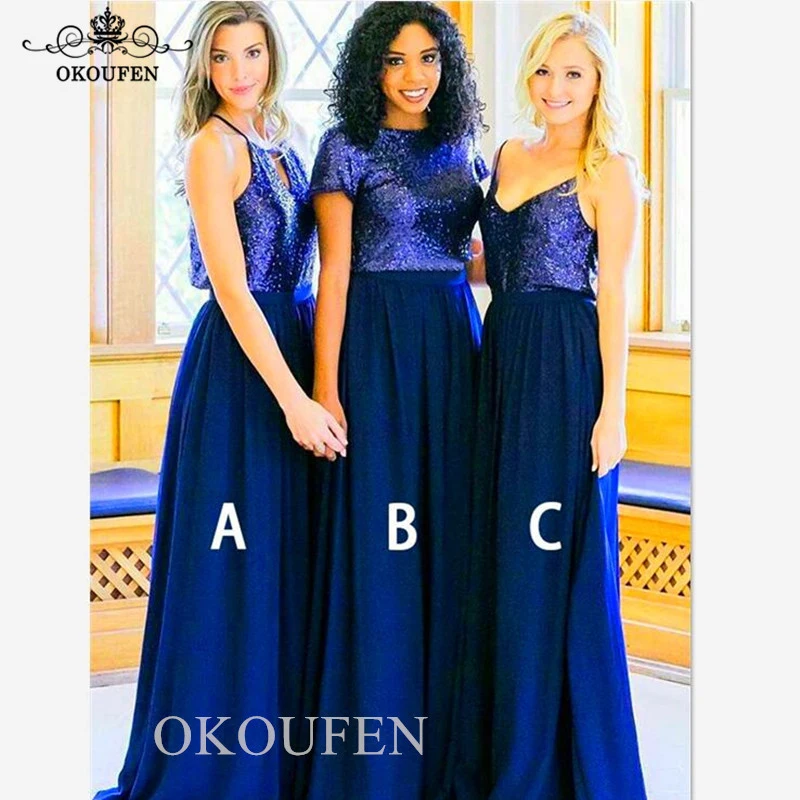 Sparkling Sequined Royal Blue Chiffon Bridesmaid Dresses 2019 Long Sleeveless A Line Party Dress For Women | Свадьбы и торжества