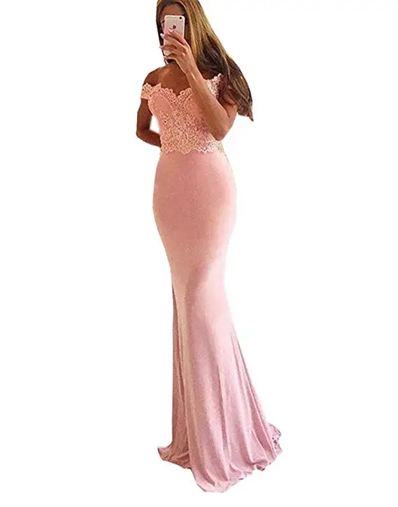 

Pink Off-Shoulder Lace Prom Dress Long Satin Mermaid Evening Gowns 2019 Vestidos De Fiesta De Noche
