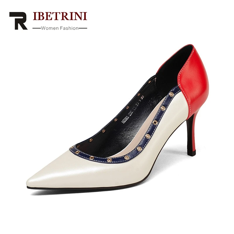 

RIBETRINI 2018 Spring Autumn Brand Cow Leather Women Pumps Fashion Sexy Red Shallow Shoes Woman slip-on Lady Work Shoes