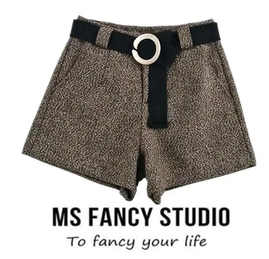 2018 Winter Women High Waist Woolen Shorts with Sashes Vintage Formal Wide Leg Winter Shorts Elegant Women Pants