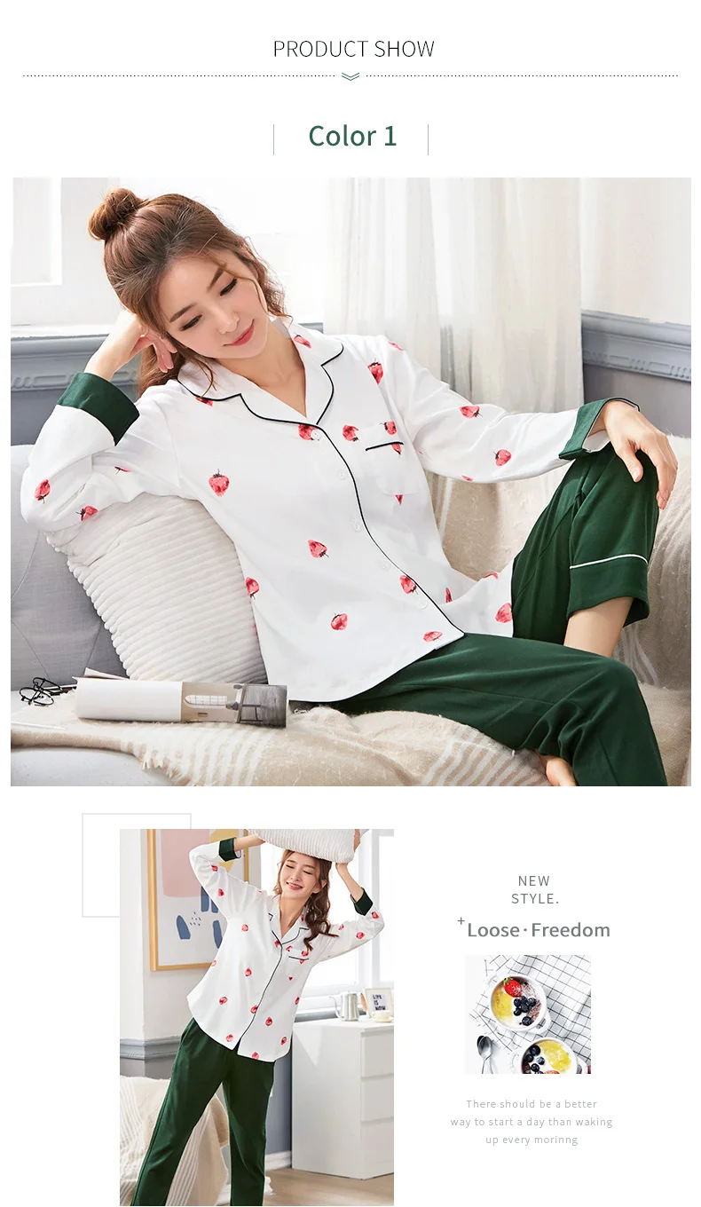 Пижамный комплект из хлопка для женщин; сезон весна-осень; женская одежда для сна с длинными рукавами и принтом страберри; домашняя одежда; 2 шт