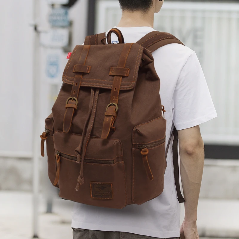Цена Унисекс Холщовый Рюкзак mochila, винтажный рюкзак с кожаной отделкой, повседневный рюкзак для мужчин и женщин, рюкзак для путешествий для ноутб...