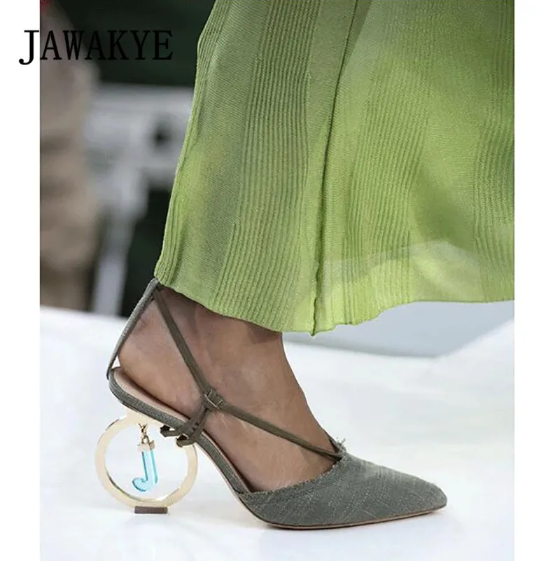 Босоножки из натуральной кожи на высоком каблуке с подвеской в форме кольца Женская летняя обувь с острым носком и перекрестной шнуровкой Женская обувь для подиума - Цвет: army green