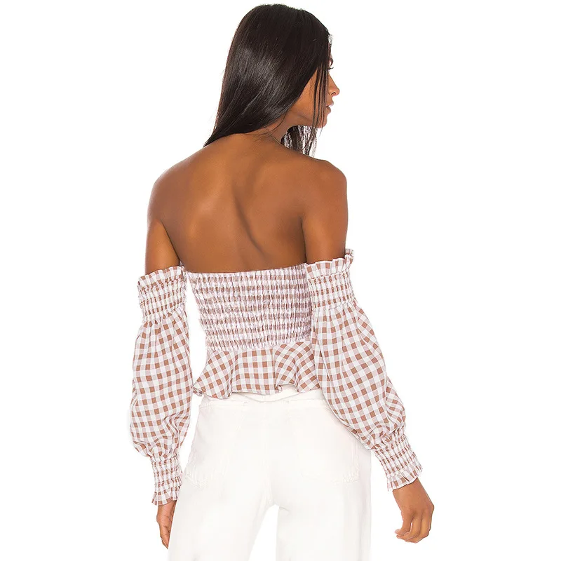 Cryptographic Fashion Slash neck Plaid Female Tops Strapless Backless Streetwear Bow Sexy Clothing For Women Autumn 2019 New