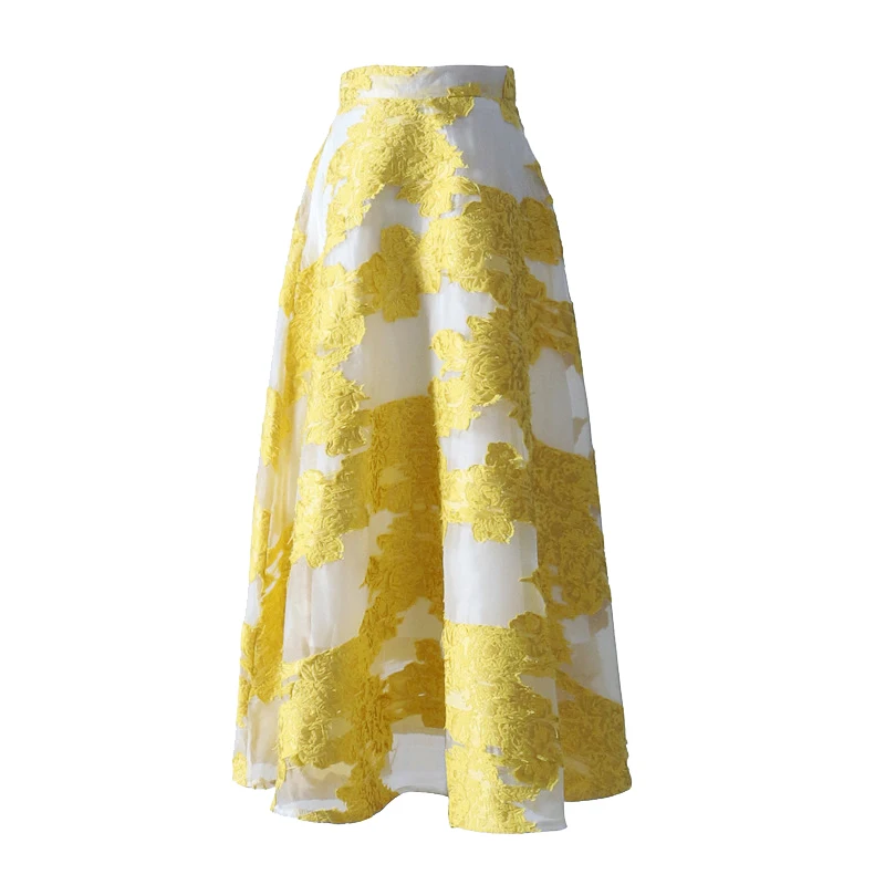 Высококачественная сетчатая юбка миди с вышивкой весна лето женская бальная юбка с высокой талией синяя желтая saia