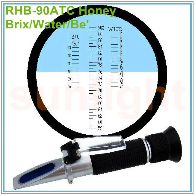 

Wholesale 10pcs/lot RHB-90ATC Brix/Be'/Water 3 in 1 Honey Refractometer with Plastic Retail Box