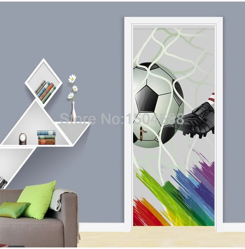 3D мультфильм Футбол дверь наклейка ПВХ самоклеющиеся водонепроницаемые обои дети спальня гостиная творческий DIY домашний Декор стикер