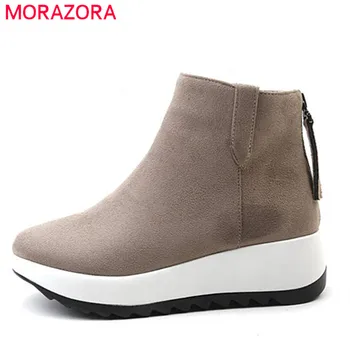 

MORAZORA 2020 hot sale ankle boots for women round toe flock autumn winter boots zipper fashion platform boots casual shoes