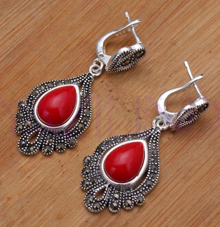 

Women Gift word Love real wb001 Elegant oval bead gem stone coral dangle pierced earrings (N0413)