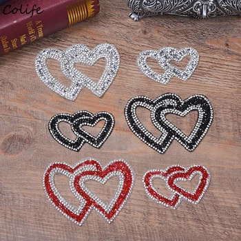

Double Heart Exquisite Rhinestone Stickers Heat Transfers For Clothes DIY Embroidery Applique For T-shirt Clothing Decor