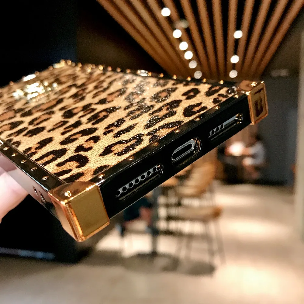 Fashion Rivet Square Box Leopard Case Cover For iPhone 11 Pro XS Max XR X 8 7 6S Plus Samsung Galaxy NOTE 10 9 8 S10E S9 S8 Plus