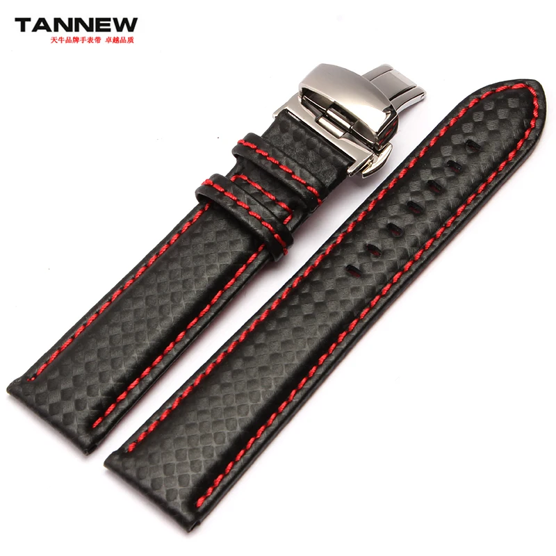 

Carbon fiber leather strap Hot selling Red stitch thread Fashion stylish Carbon fiber pattern watch band straps18/20mm22mm24mm