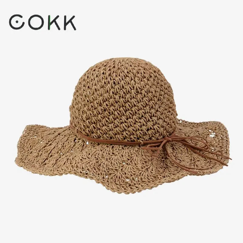 

COKK Summer Hats Women Foldable Sun Hat Wide Visor Suncreen Floppy Cap Chapeau Femme Outdoor Beach Hat Panama Cap Straw Hat