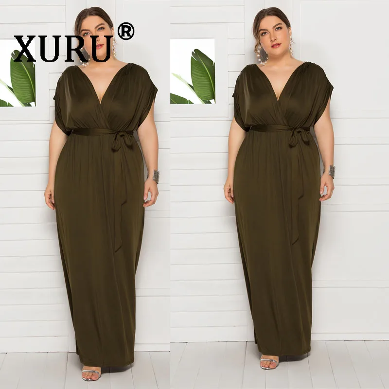 

XURU new large size women's sexy dress solid color V-neck loose large swing elastic waist dress M-4XL
