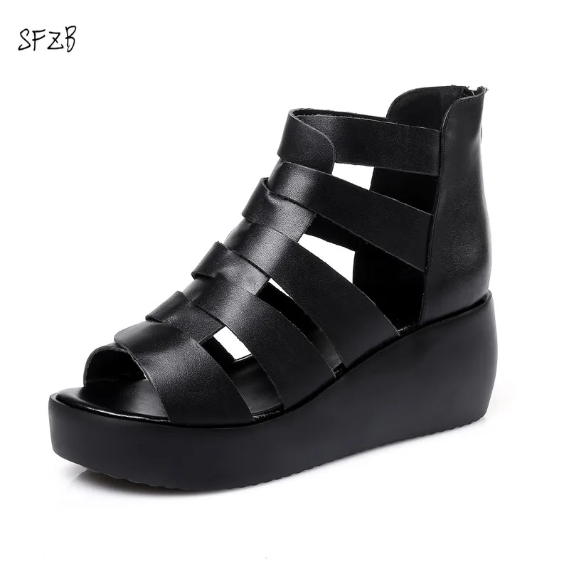 

SFZB NEW party sandals Genuine leather wedges high heels sandals women Open Toe size 35-40 back strap Free shipping