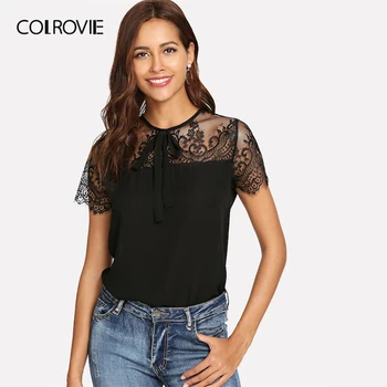 

COLROVIE Black Solid Mesh Tie Neck Lace Shoulder Blouse Shirt Women Tops 2019 Spring Workwear Elegant Shirts Office Female Tee
