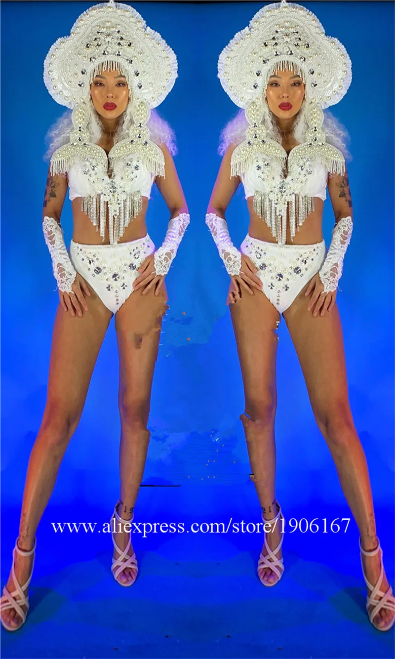 White caywalk performance dress dj headwear ds bodysuit pearl bikini singer wears dance costume ballroom clothe bra disco dj02