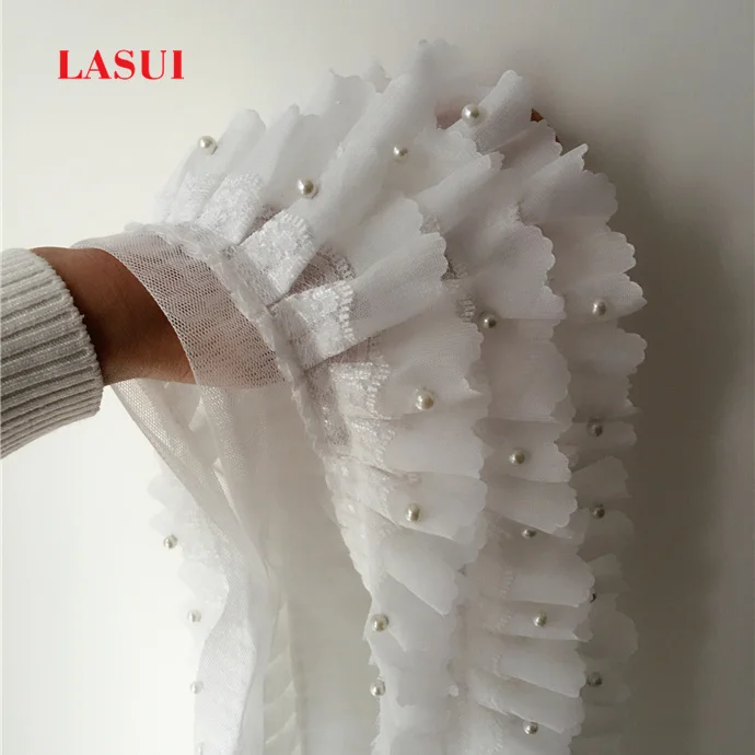 

LASUI 3 meters =1 lot Good quality White three layers of chiffon lace trim Handmade bead Diy wedding dress skirt lace cuff 0132