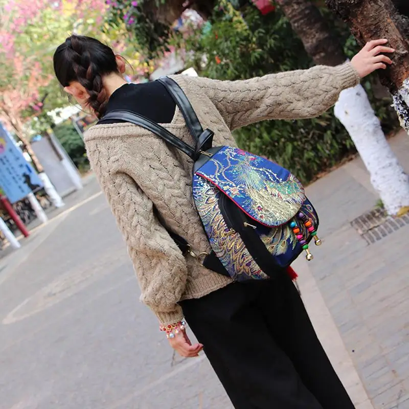 Ретро женские рюкзаки, этнический стиль, вышивка, Женский Павлин, школьная сумка, характеристики, бисерный брезентовый Рюкзак Сумки, новинка